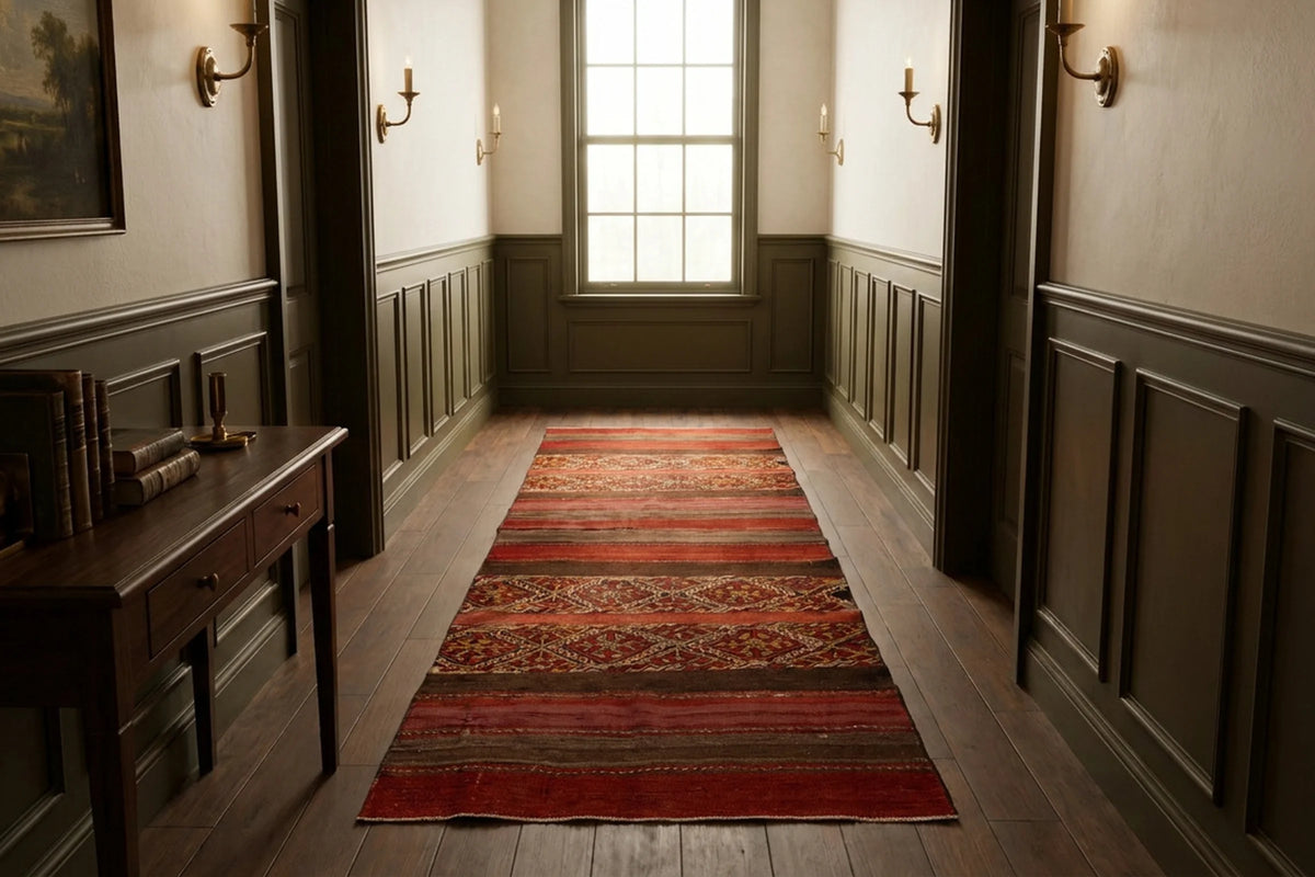 Red Turkish kilim rug in a dining room
