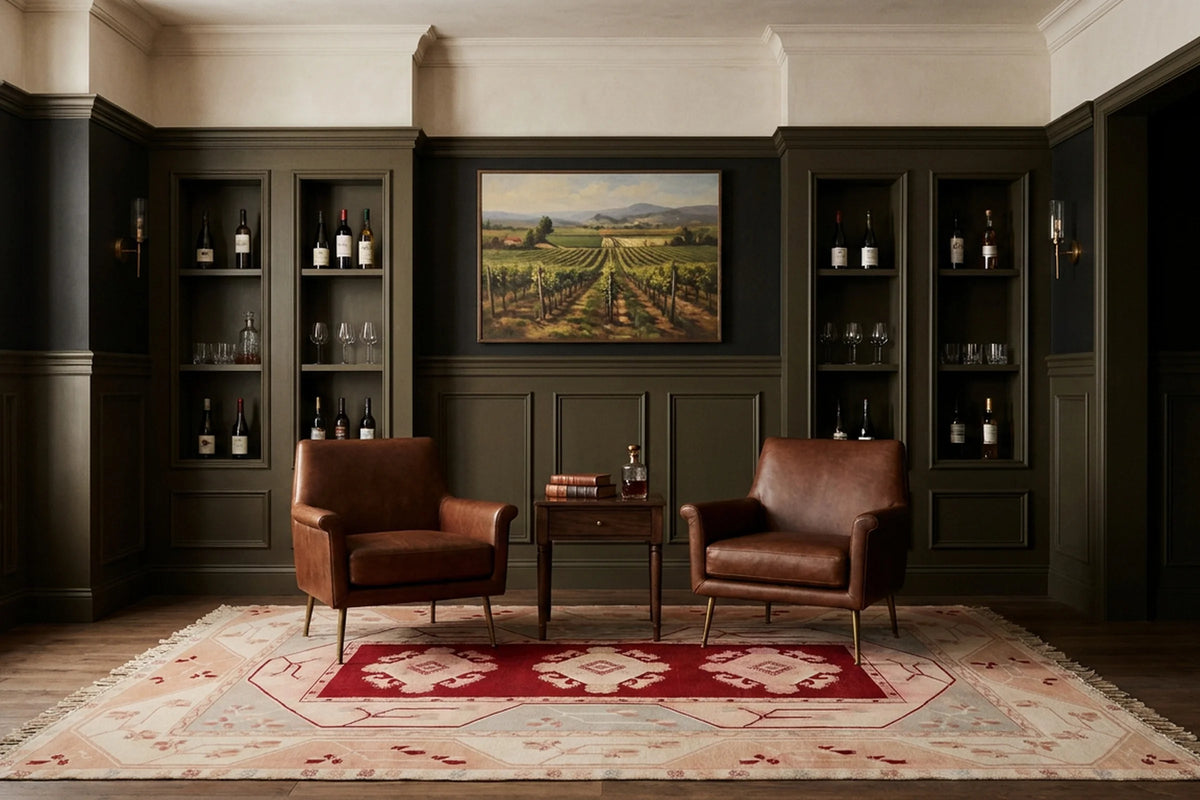 Red Turkish rug in a styled room