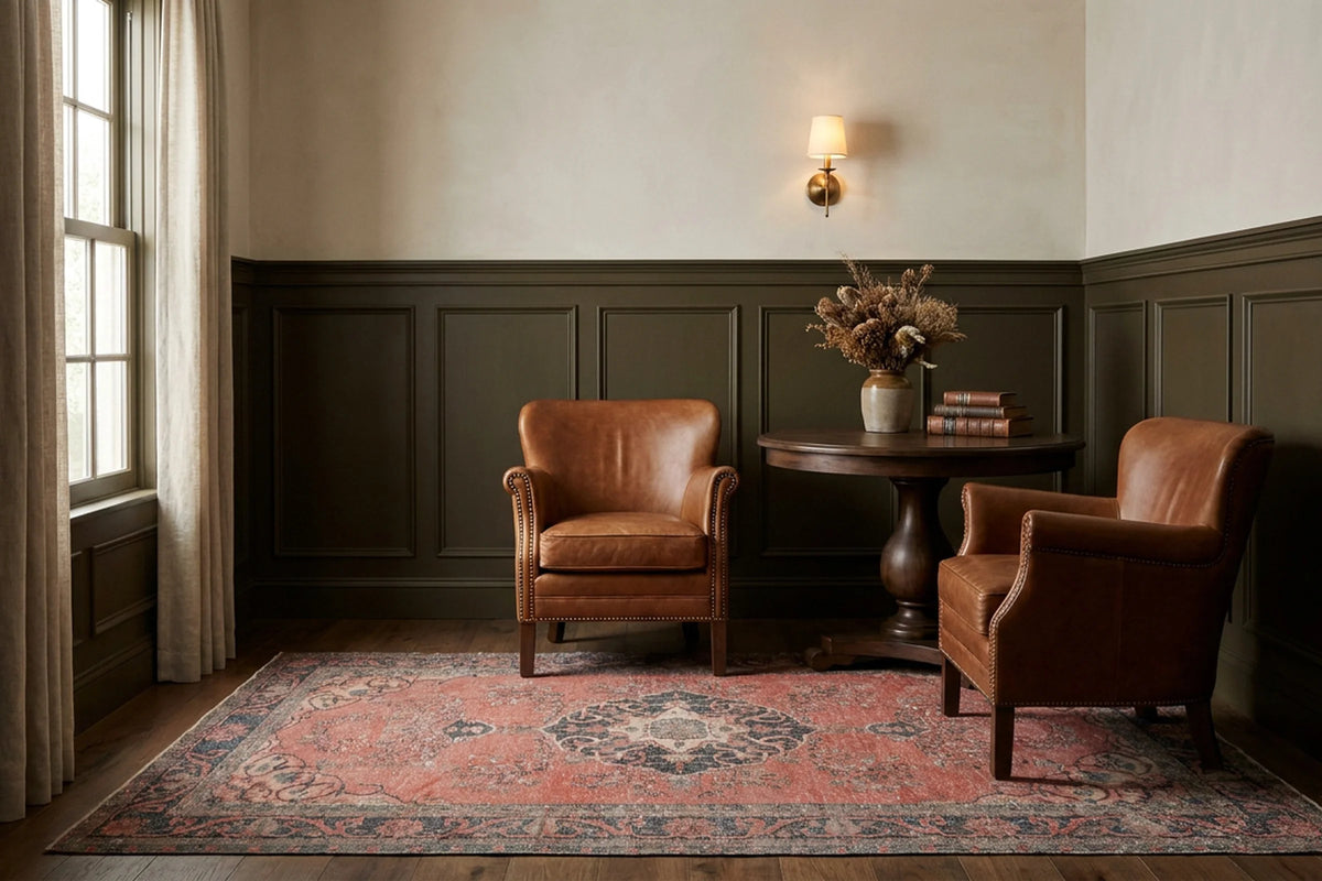 Red Turkish rug in a styled room