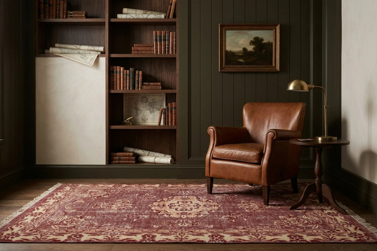 Red Turkish rug in a styled room