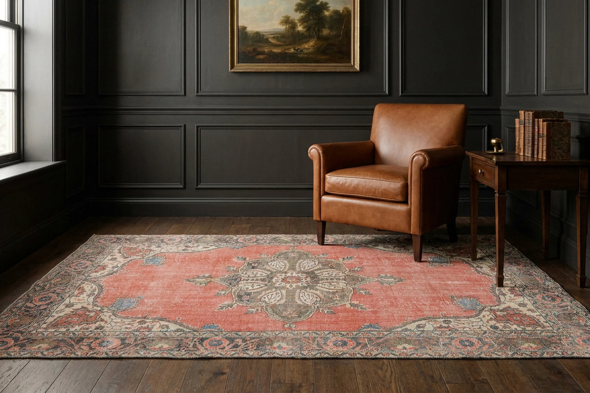 Red Turkish rug in a library