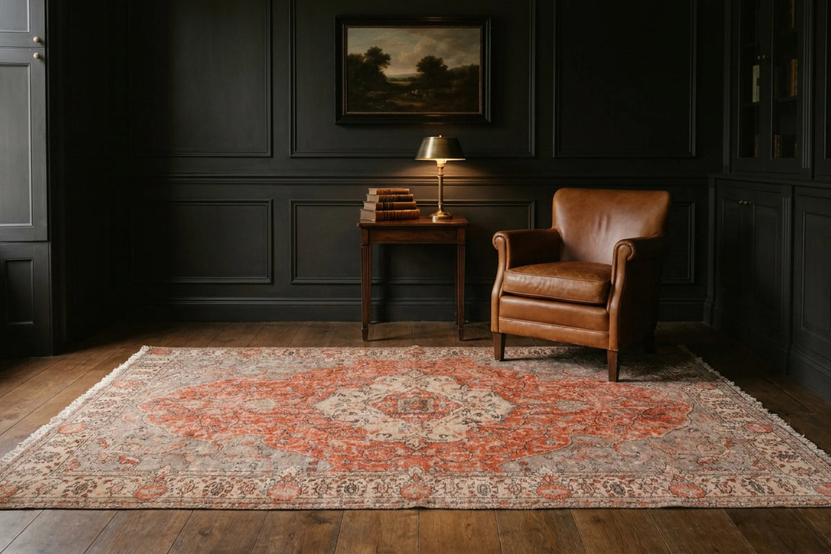 Red Turkish rug in a styled room