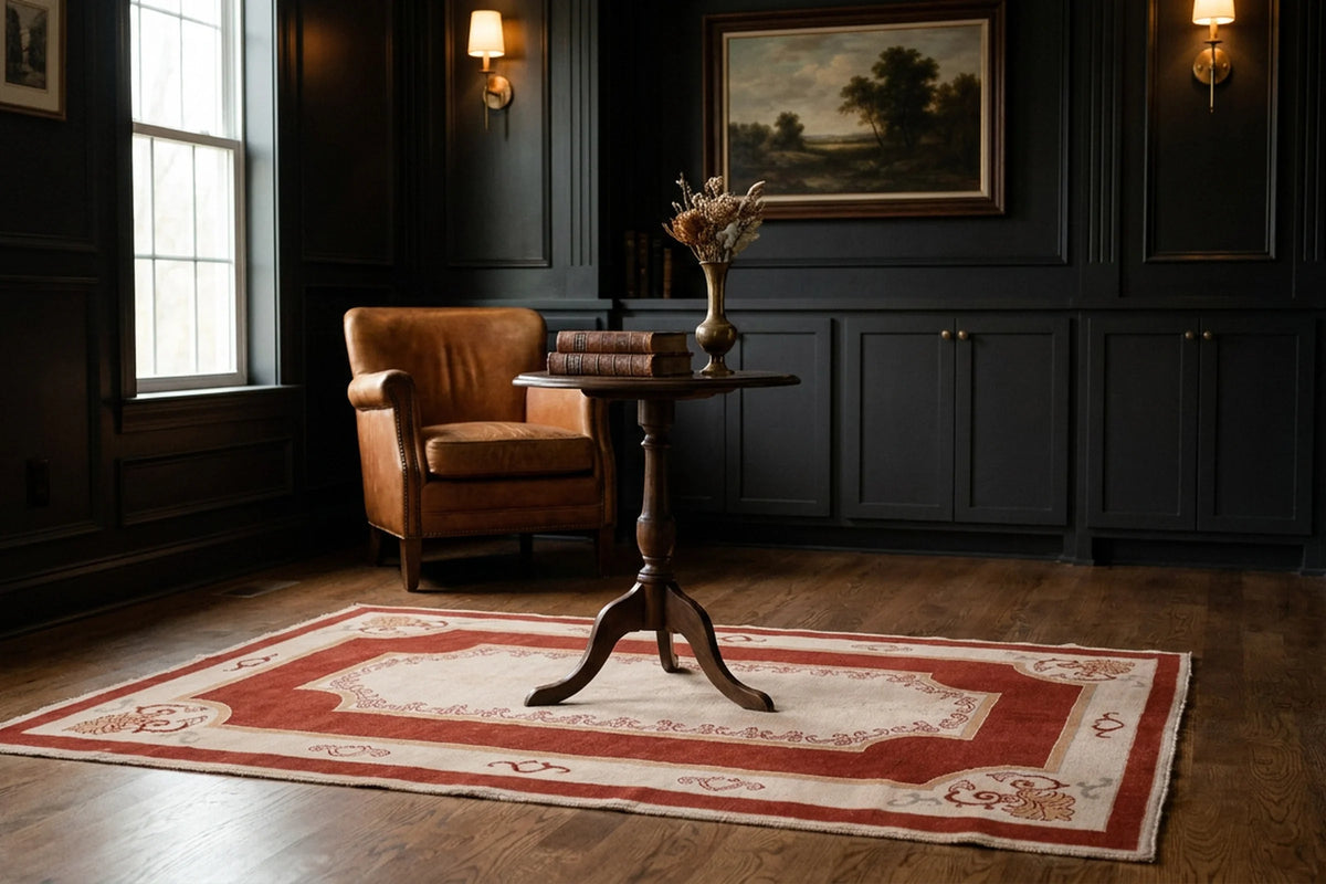 Red Turkish rug in a styled room