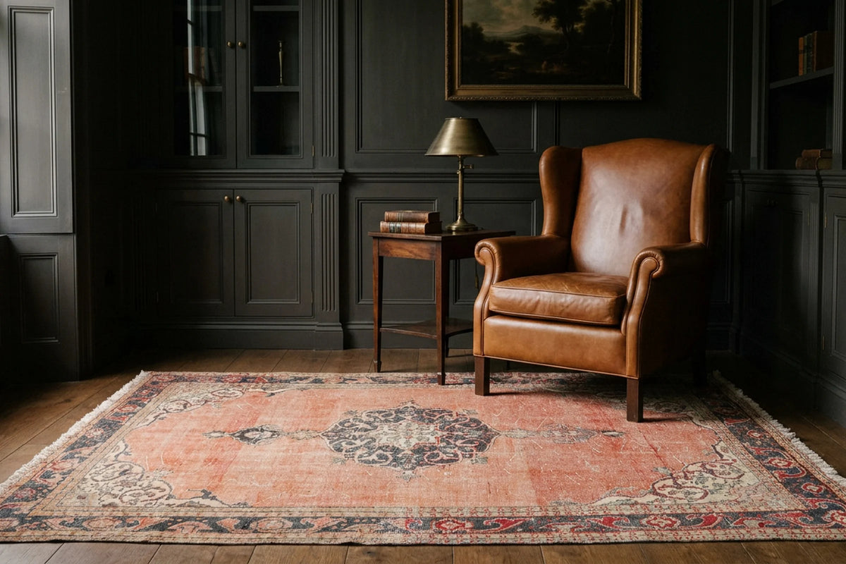 Red Turkish rug in a styled room