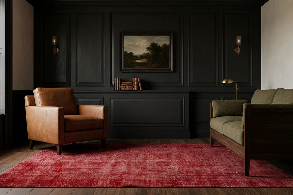Red Turkish rug in a den