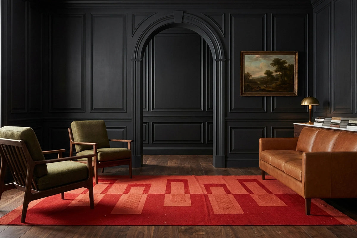 Red Turkish rug in a styled room