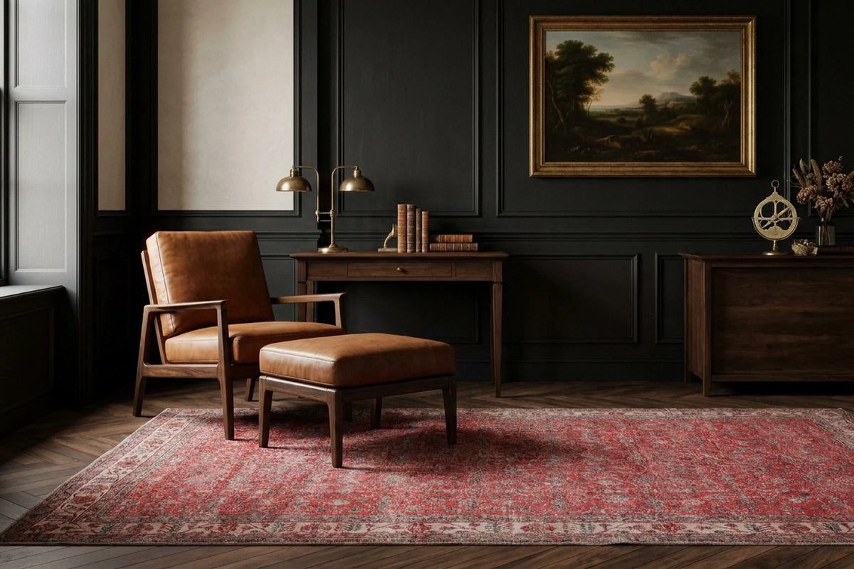 Red Turkish rug in a styled room