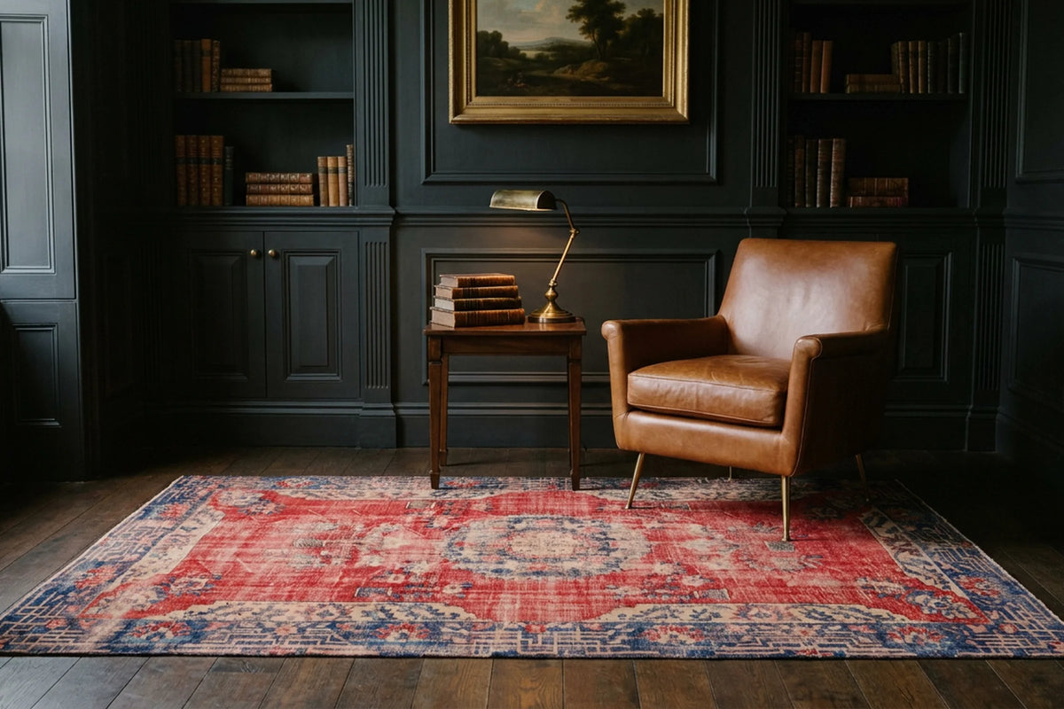 Red Turkish rug in a library