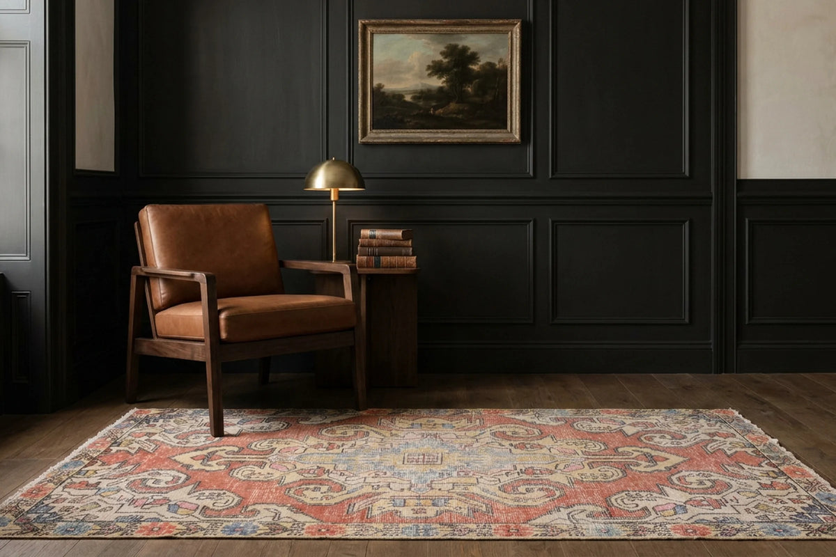 Red Turkish rug in a styled room