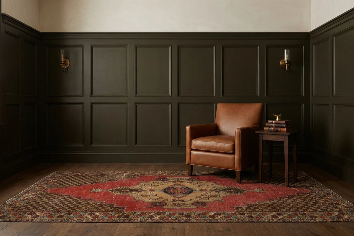 Red Turkish rug in a styled room