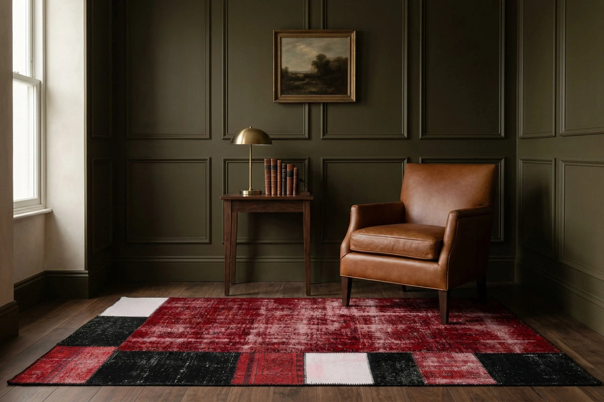 Red Turkish rug in a styled room