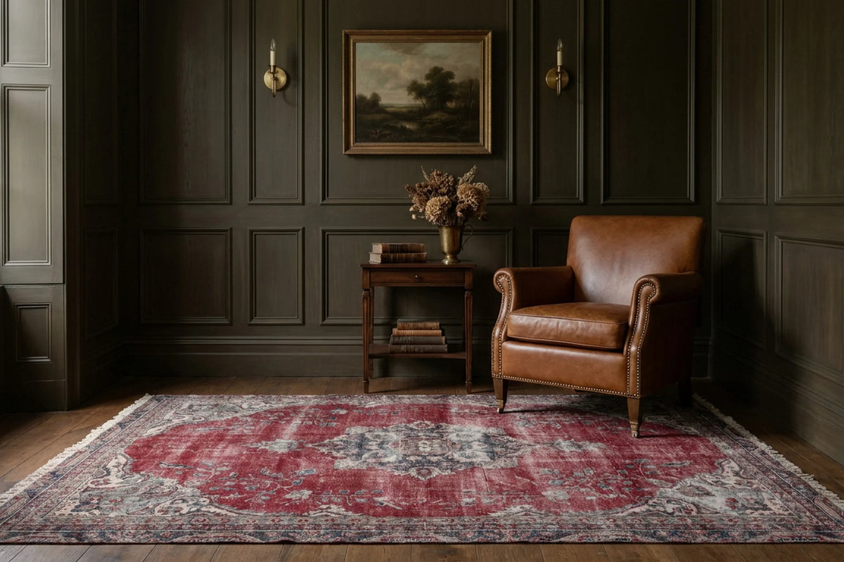 Red Turkish rug in a styled room