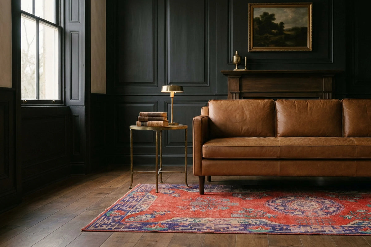 Red Turkish rug in a styled room