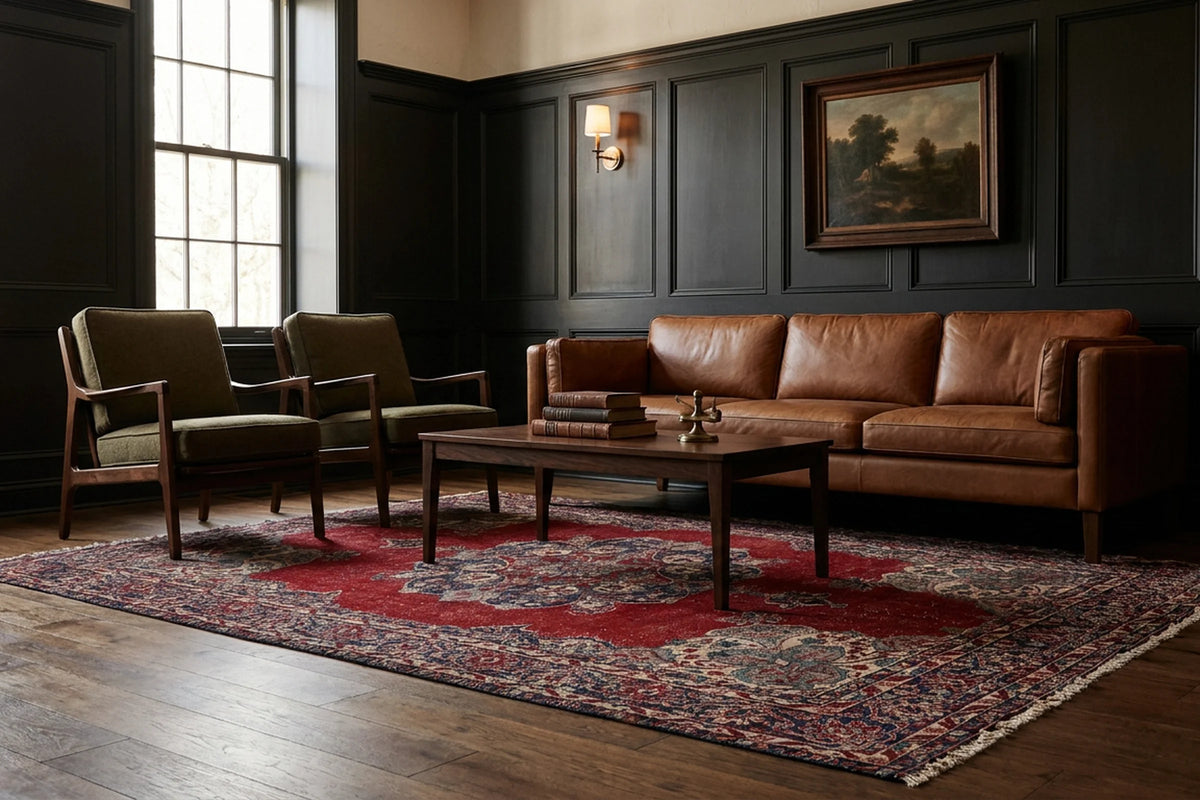 Red Turkish rug in a styled room