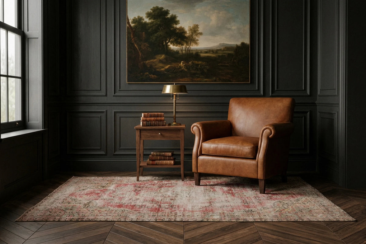 Red Turkish rug in a styled room