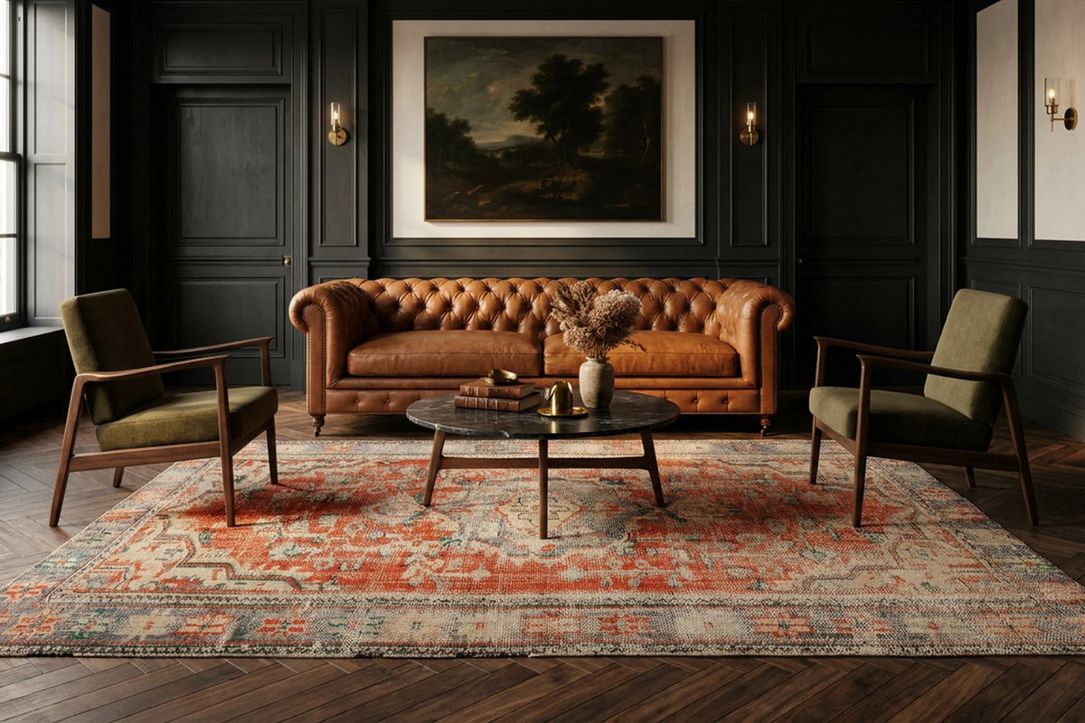 Red Turkish rug in a styled room