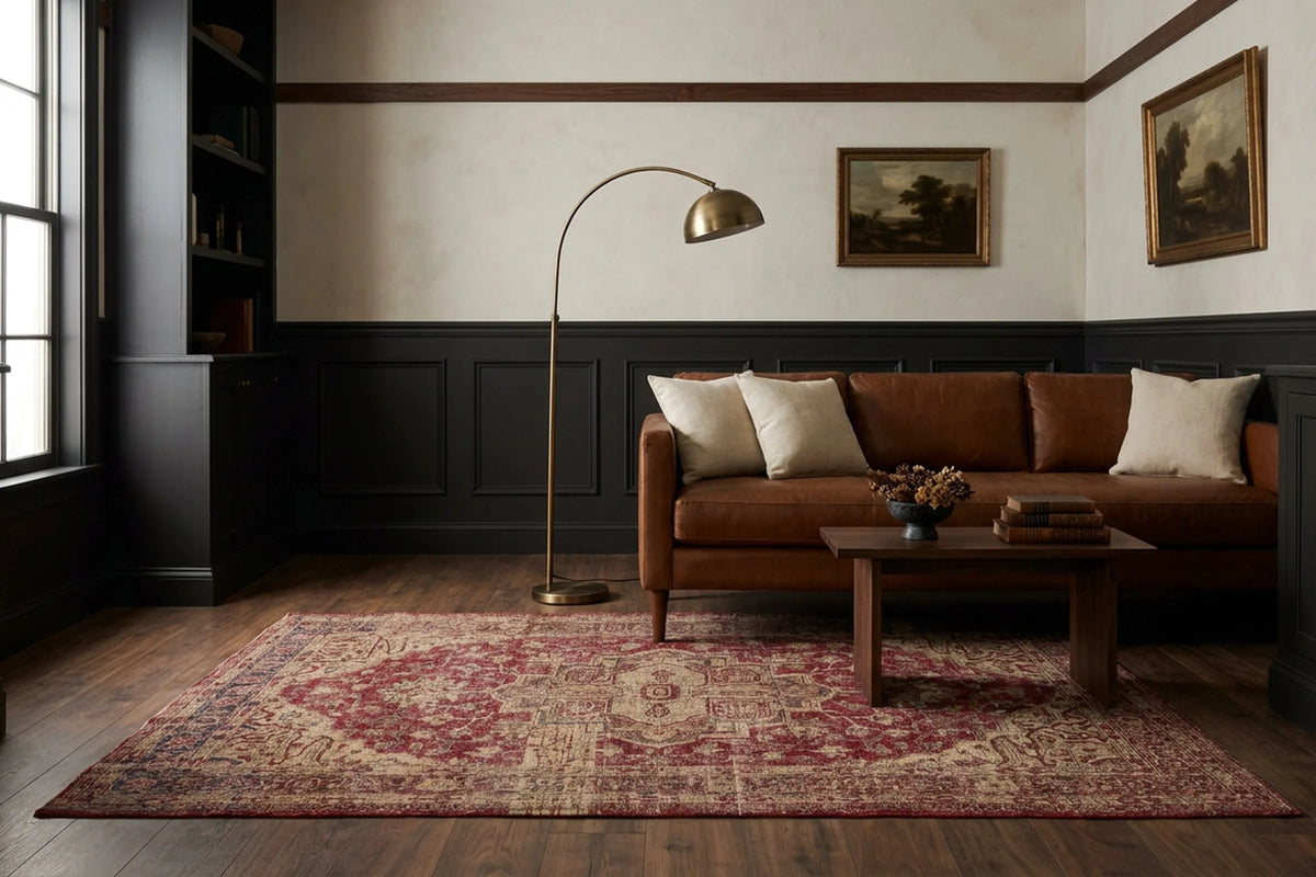 Red Turkish rug in a study