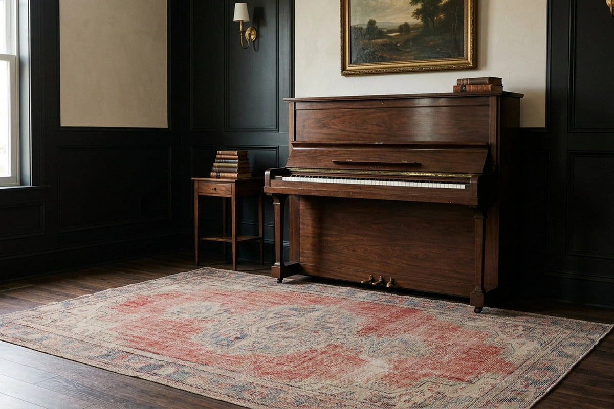 Red Turkish rug in a styled room