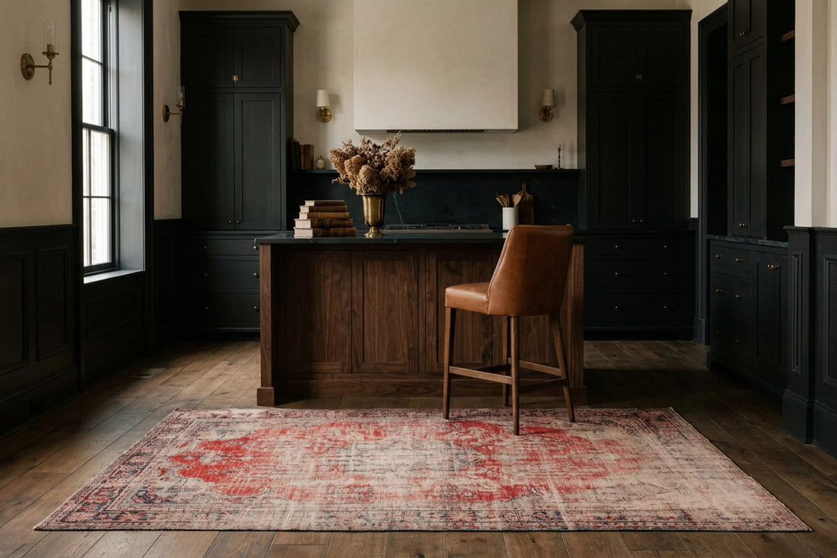 Red Turkish rug in a kitchen