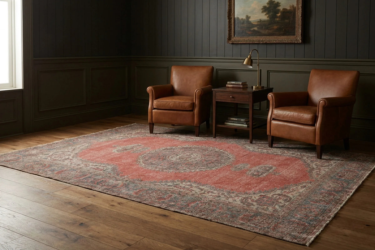 Red Turkish rug in a styled room