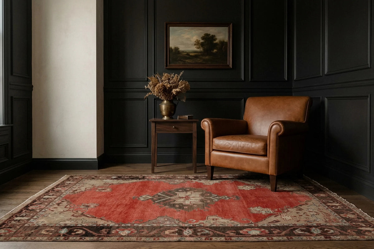Red Turkish rug in a styled room