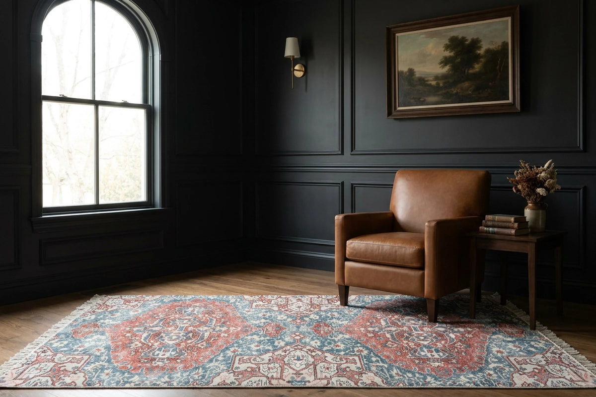 Red Turkish rug in a styled room