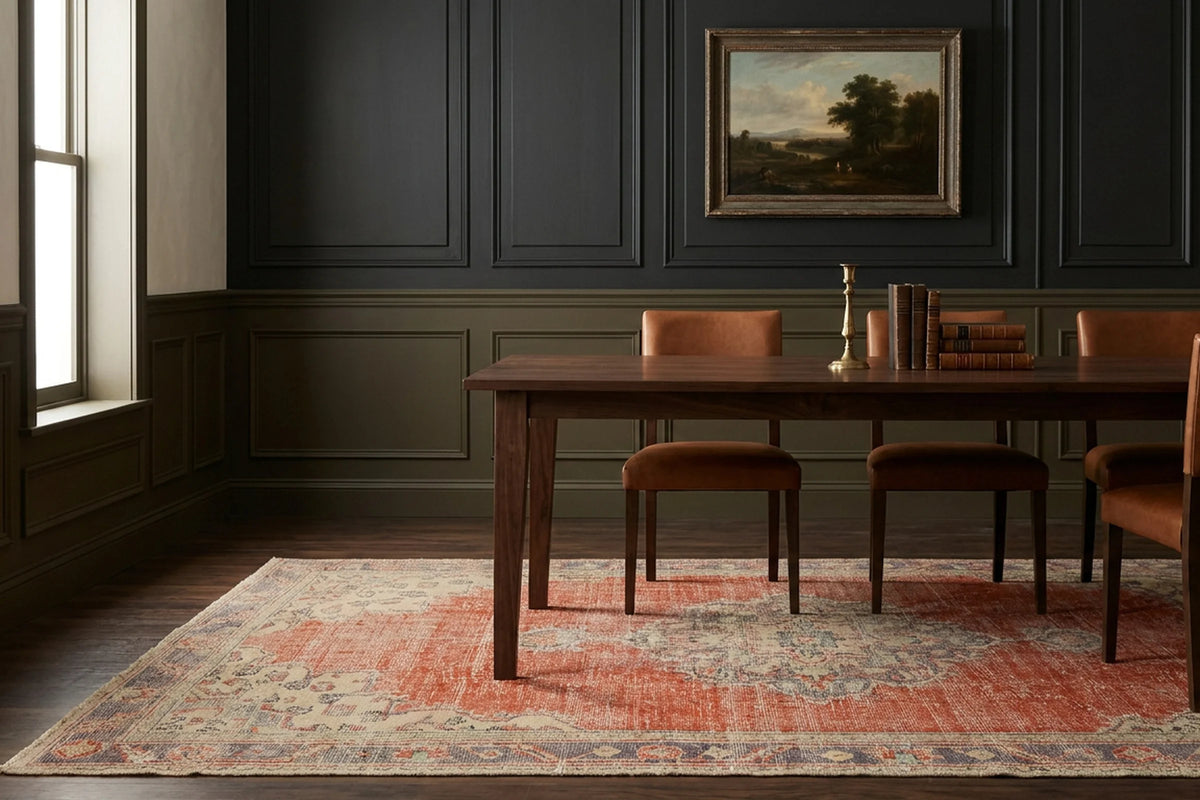Red Turkish rug in a dining room