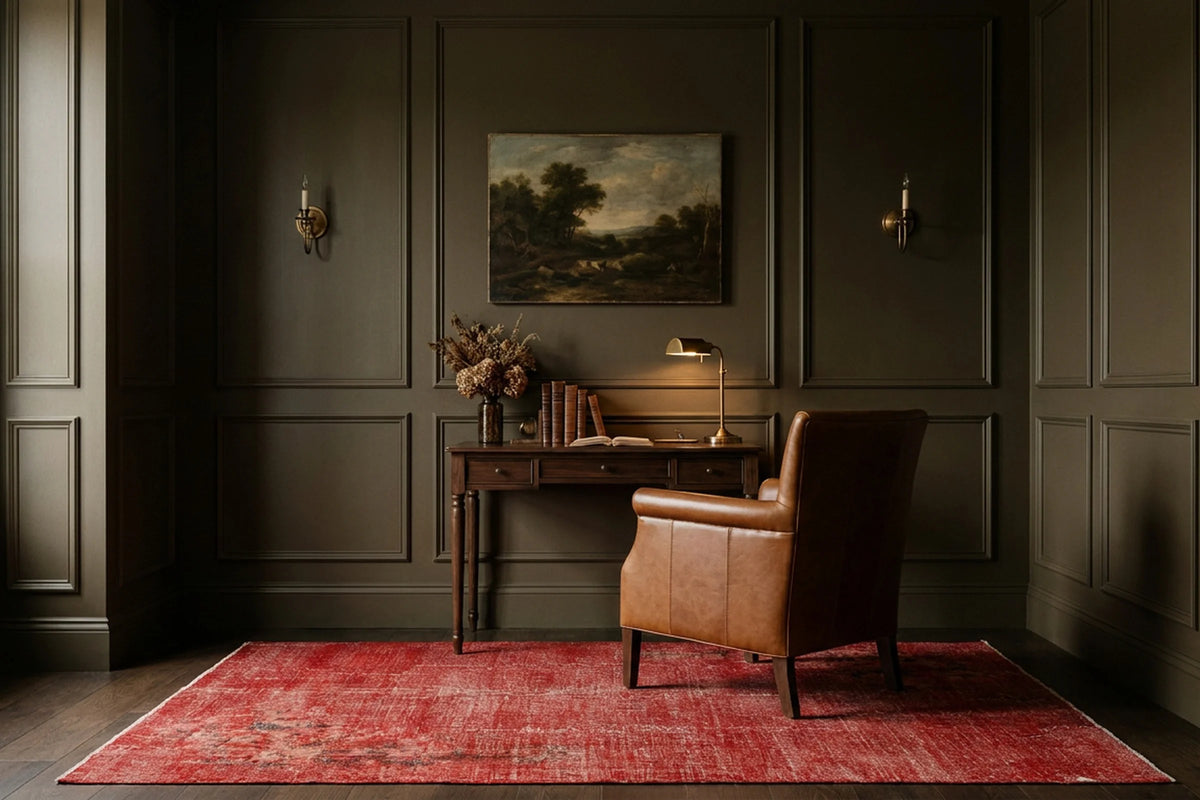 Red Turkish rug in a study