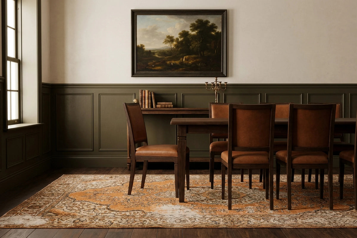 Red Turkish rug in a dining room