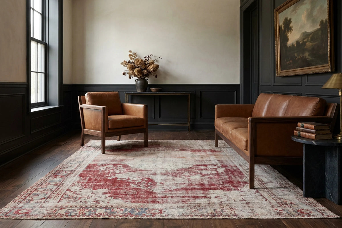 Red Turkish rug in a styled room