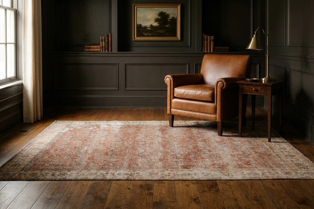 Red Turkish rug in a styled room