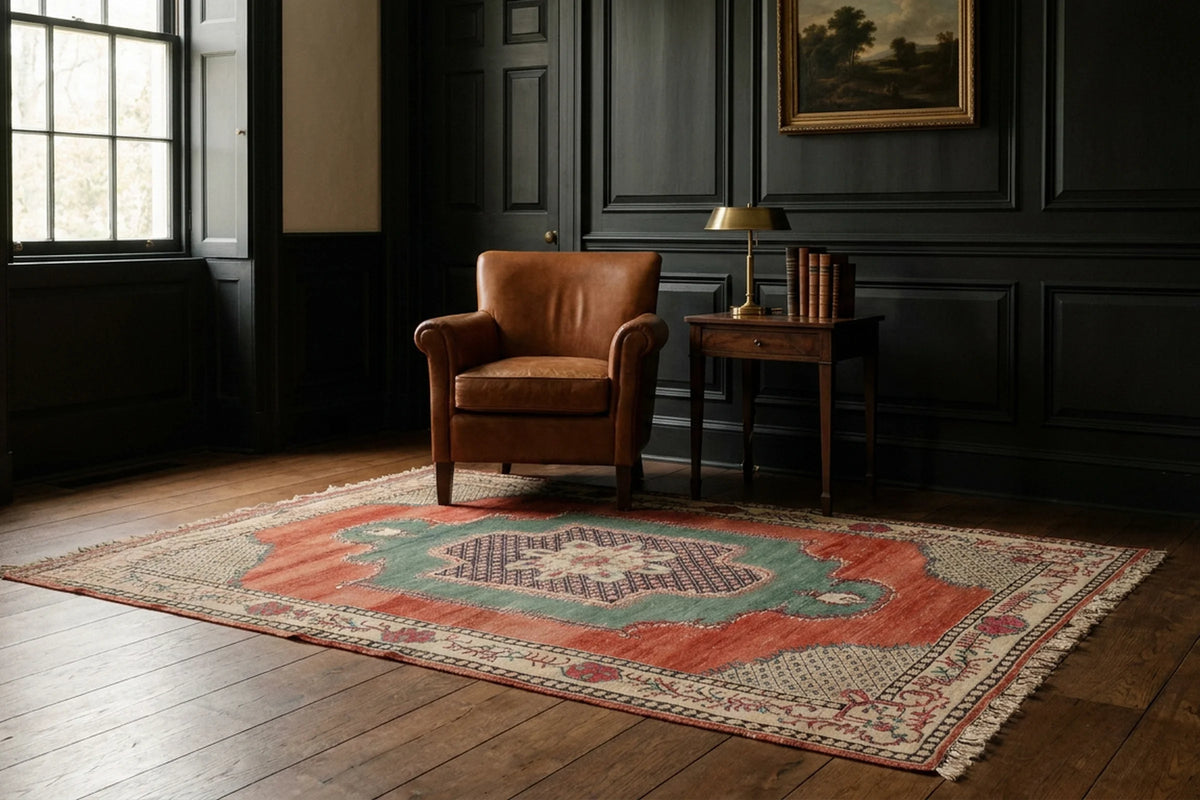 Red Turkish rug in a styled room