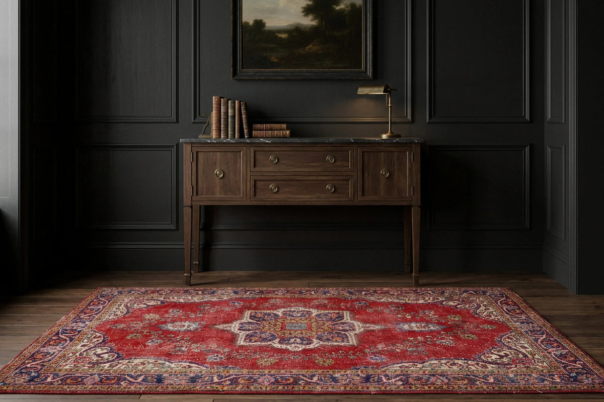 Red Turkish rug in a styled room