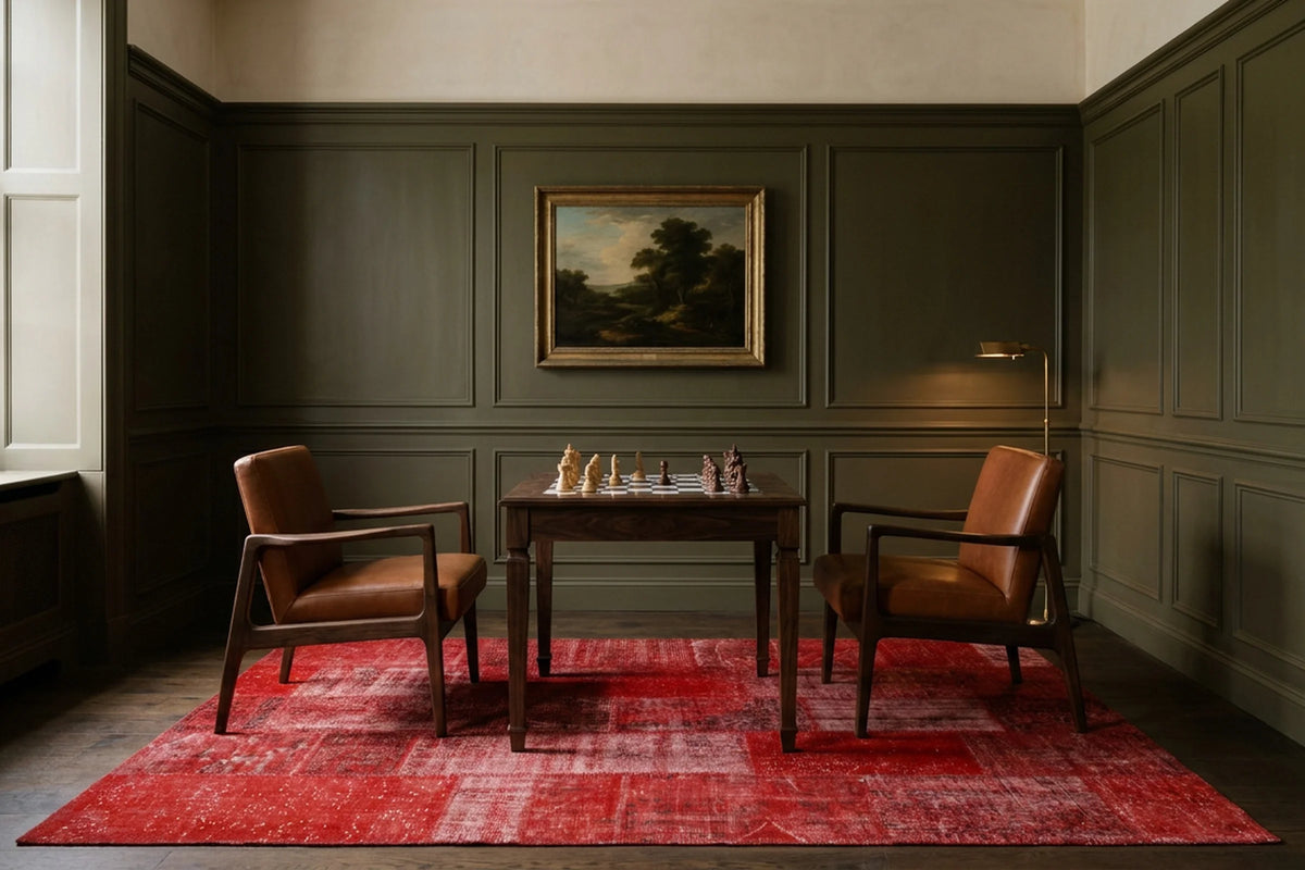 Red Turkish rug in a styled room
