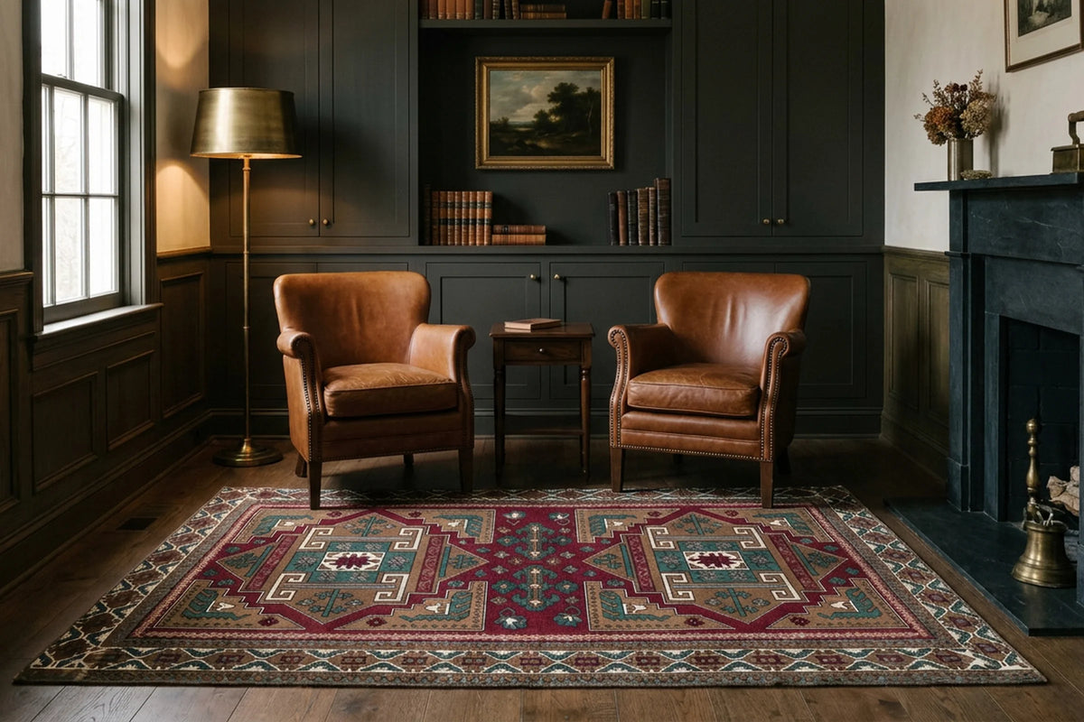 Red Turkish rug in a styled room
