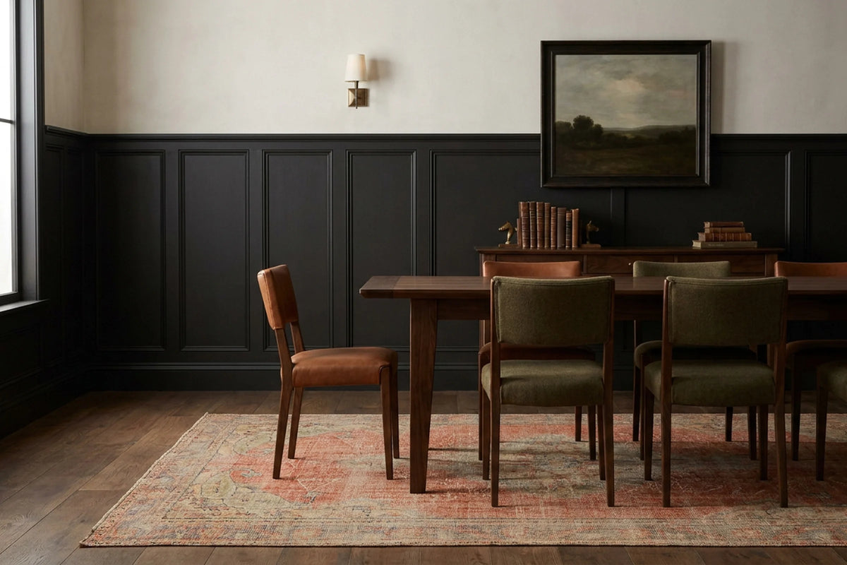 Red Turkish rug in a dining room