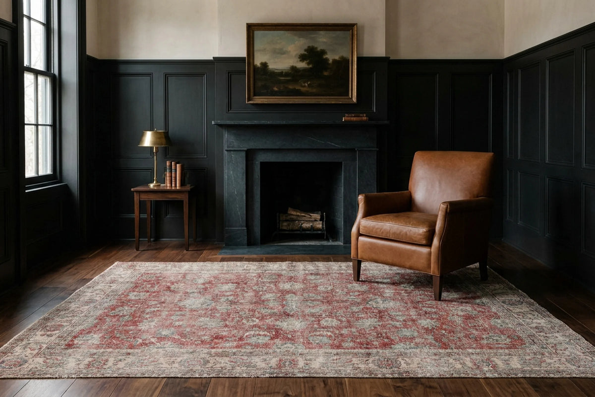Red Turkish rug in a styled room