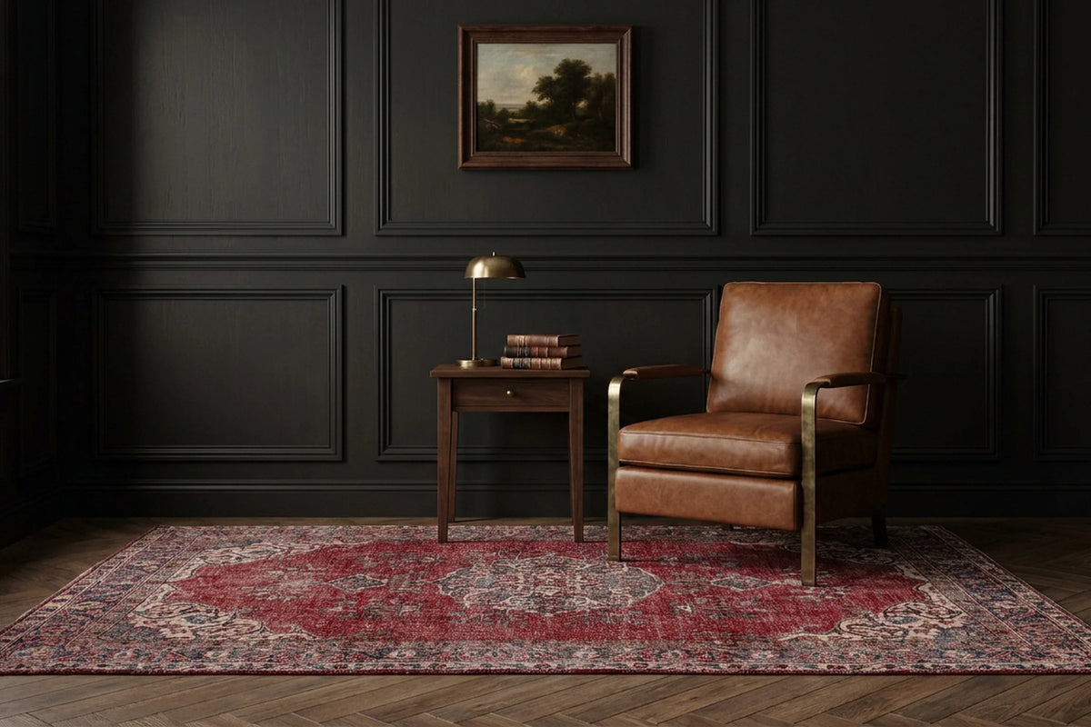Red Turkish rug in a styled room