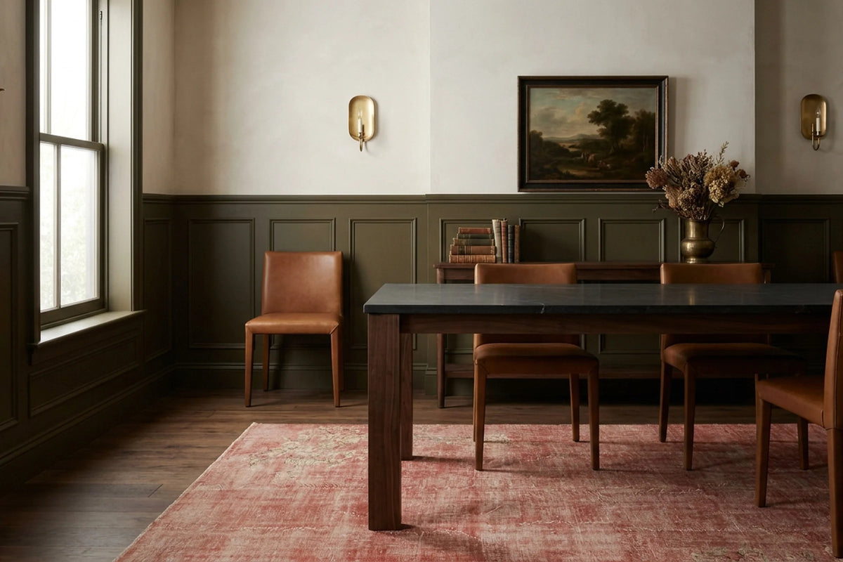 Red Turkish rug in a dining room