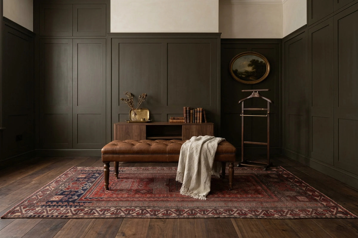 Red Turkish rug in a styled room