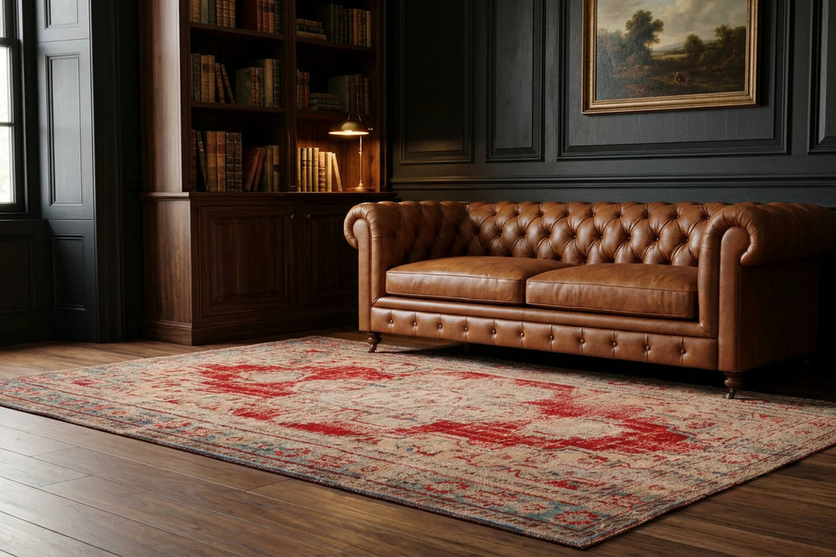 Red Turkish rug in a study