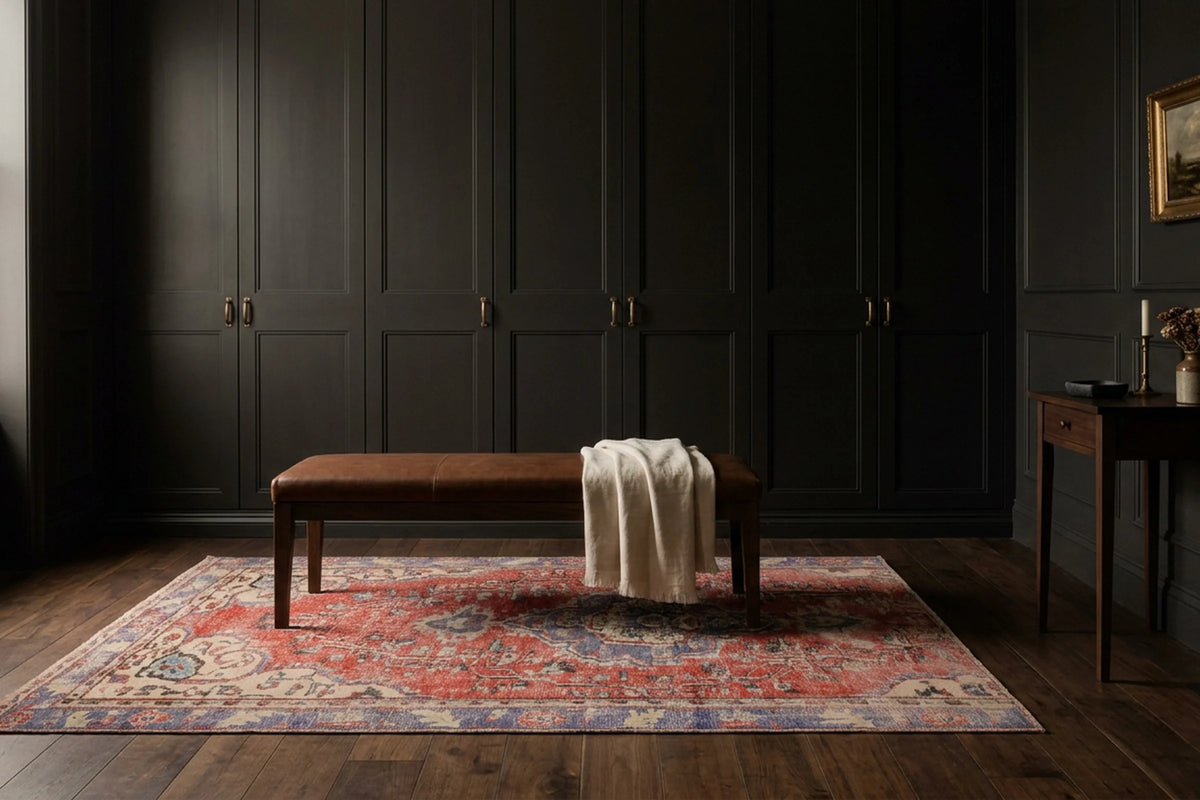 Red Turkish rug in a styled room
