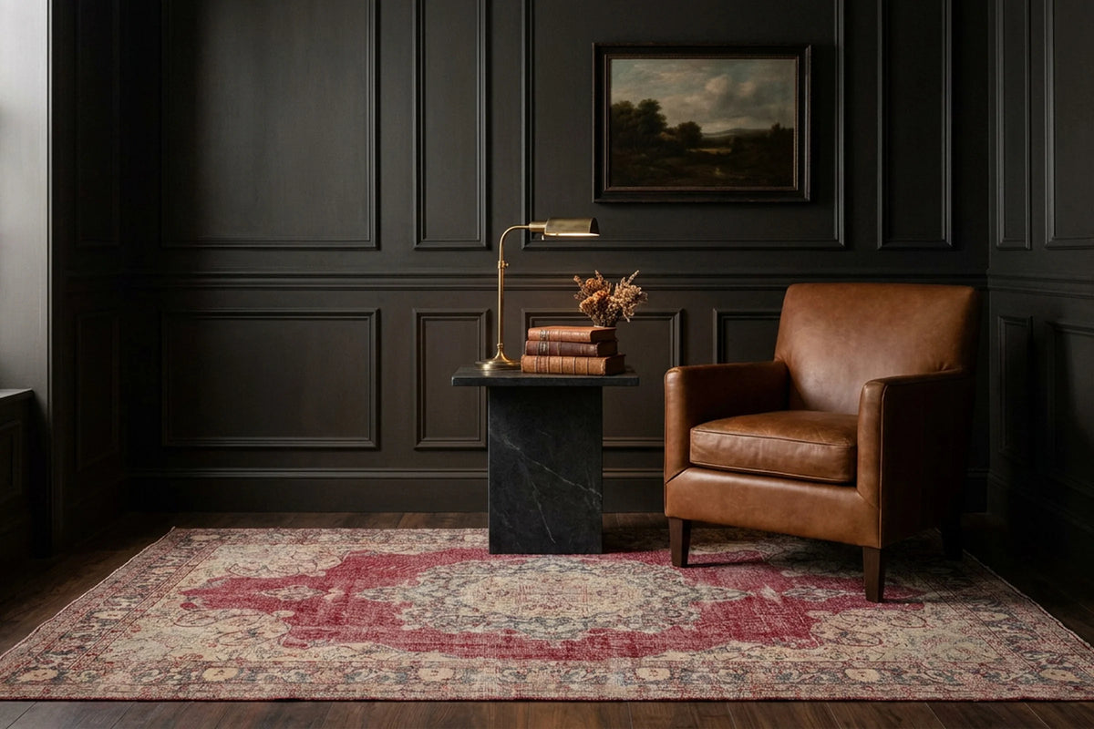 Red Turkish rug in a styled room