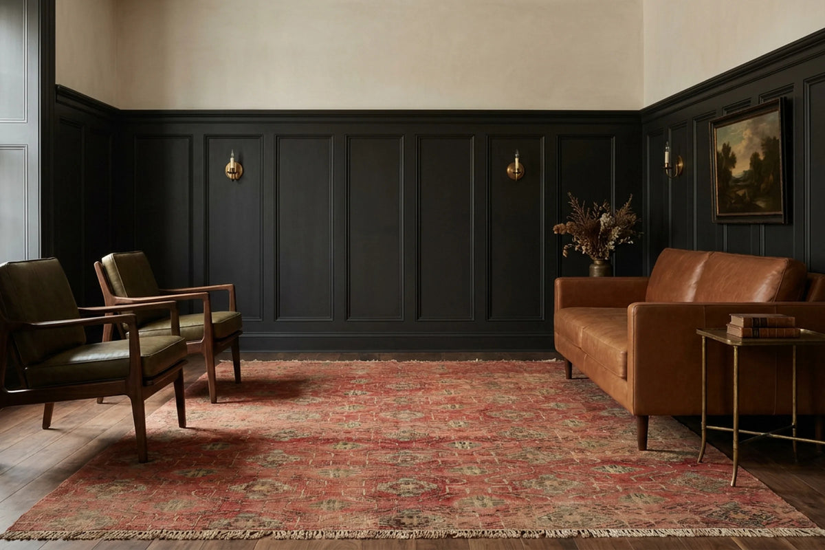 Red Turkish rug in a styled room
