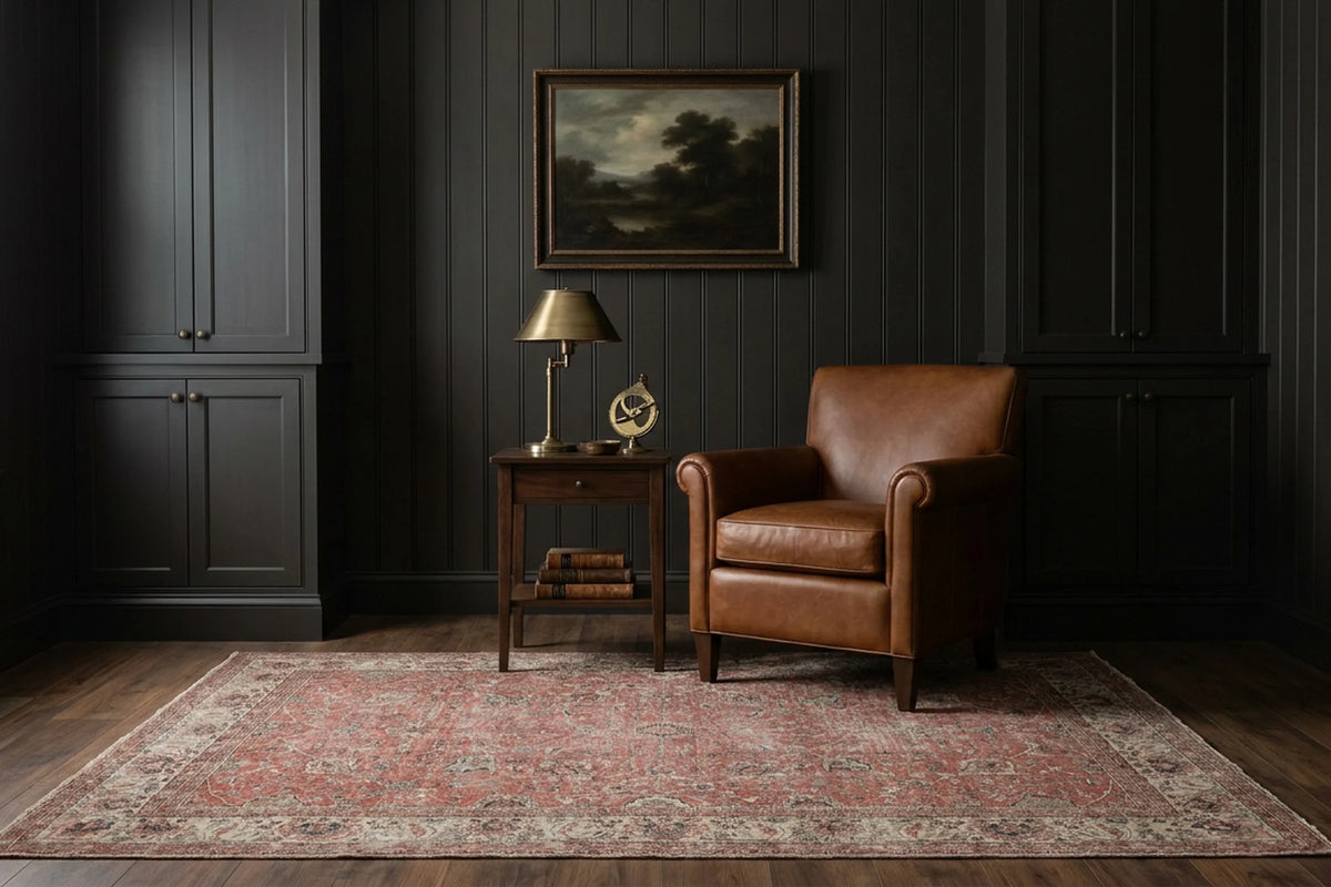 Red Turkish rug in a study