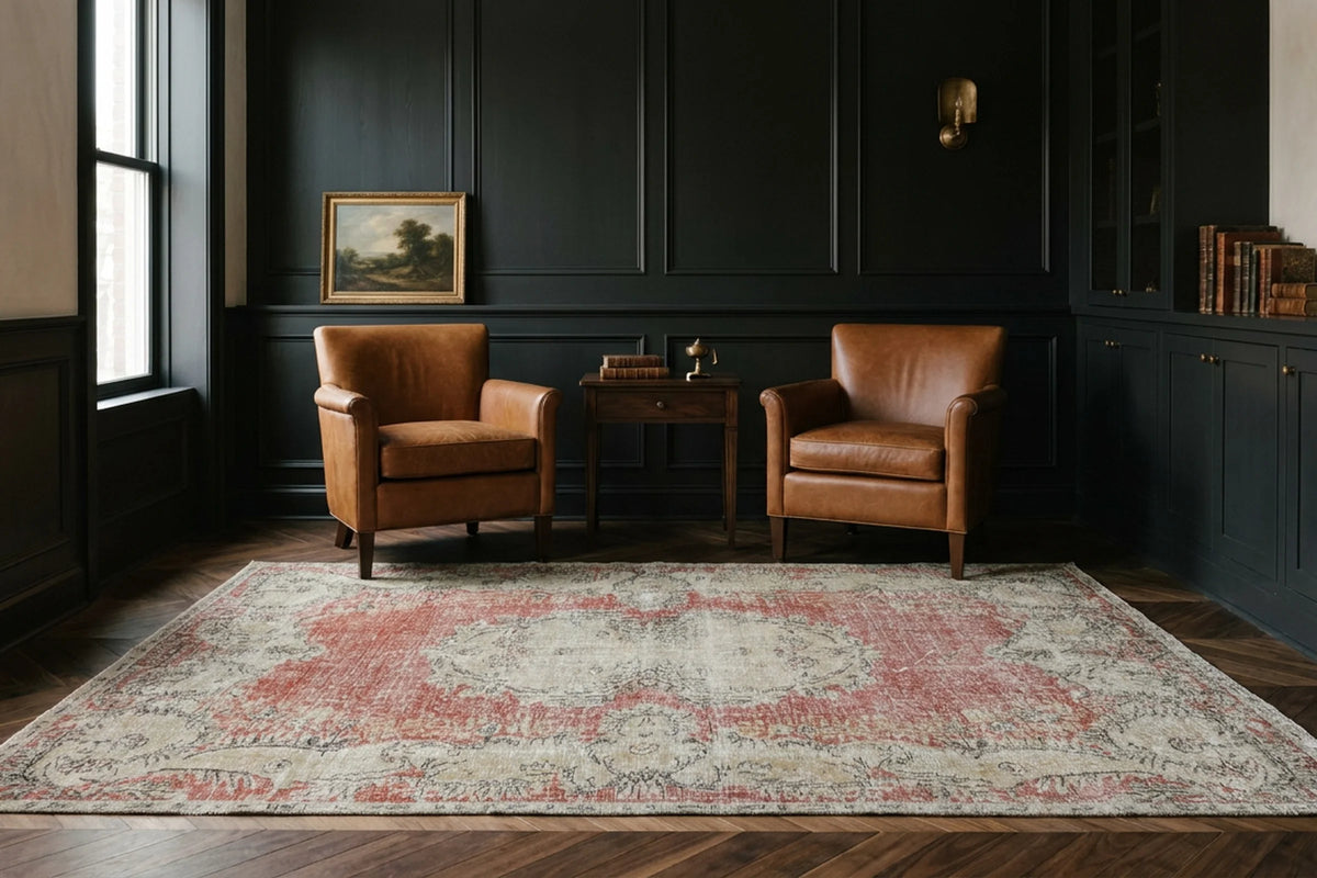 Red Turkish rug in a study