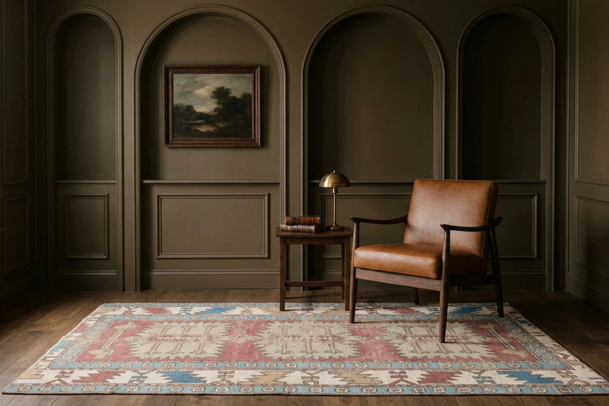 Red Turkish rug in a study