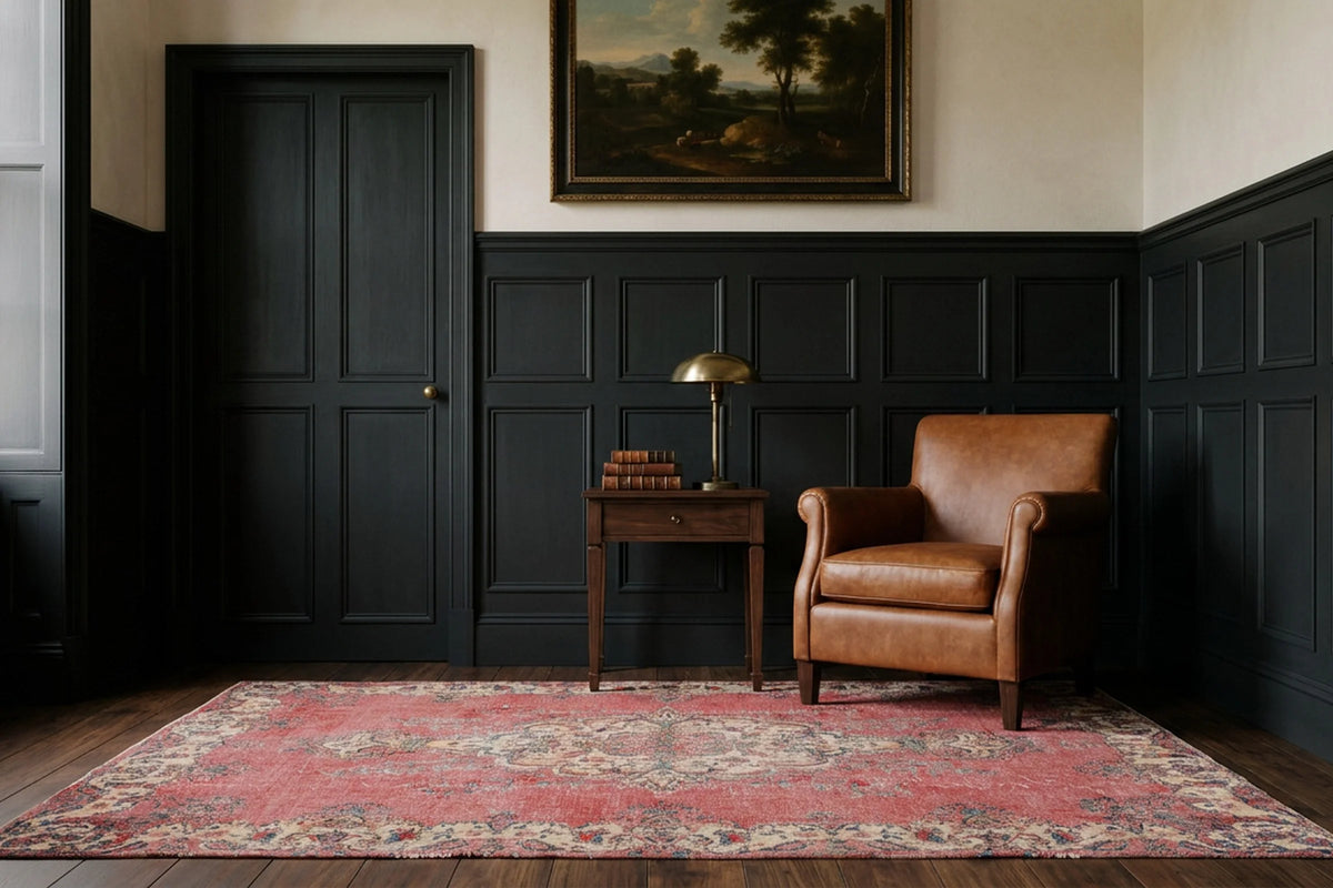 Red Turkish rug in a styled room