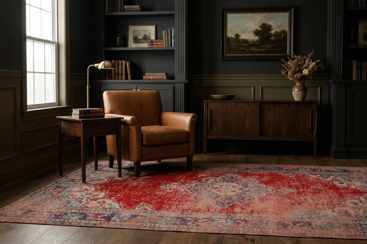 Red Turkish rug in a styled room