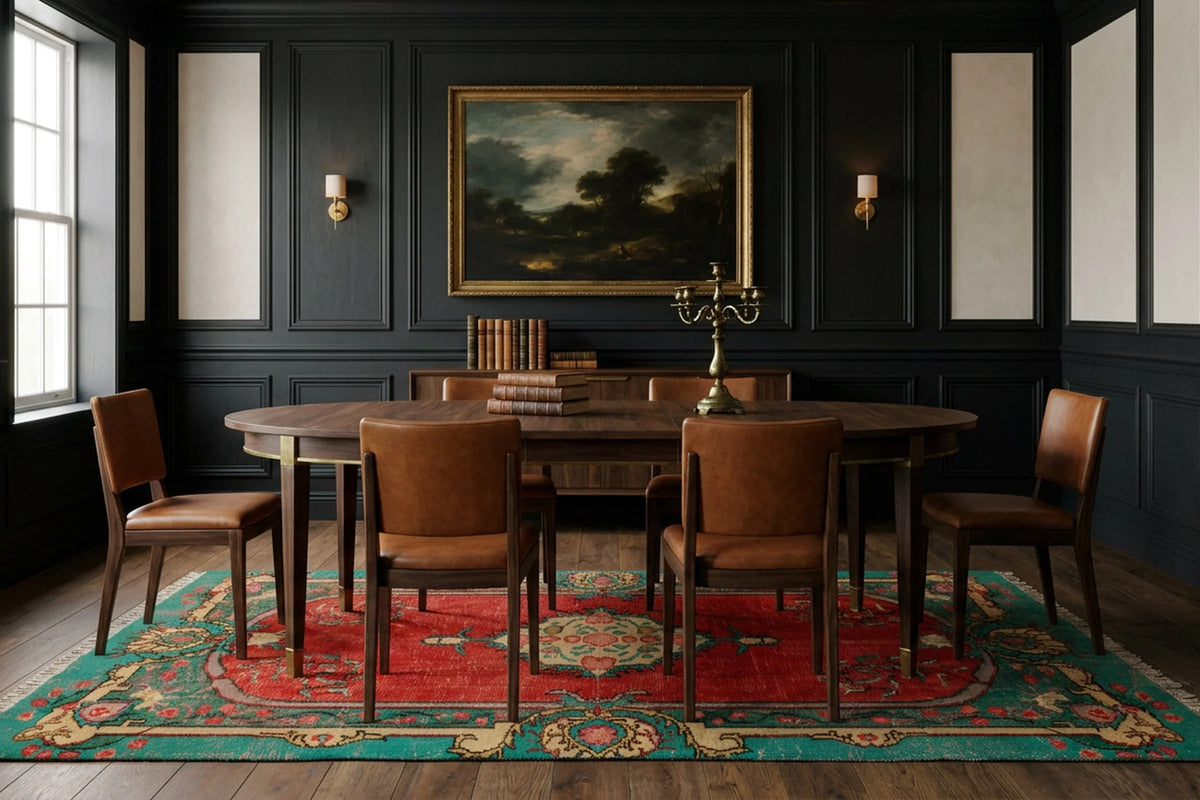 Red Turkish rug in a dining room